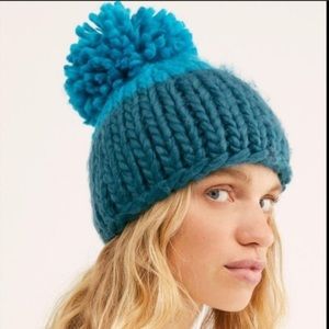 Free People Cozy Up Teal Color-block Pom Knit Beanie